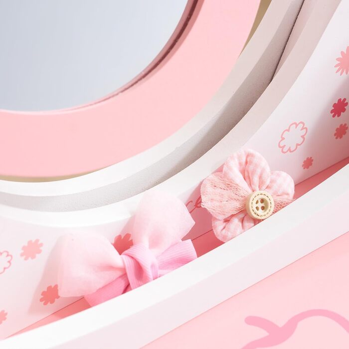 Дитячий туалетний столик LEADZM з пуфом для дівчаток, з шухлядою та двома 180° відкидними дзеркалами, для дітей 3-9 років (білий та рожевий)