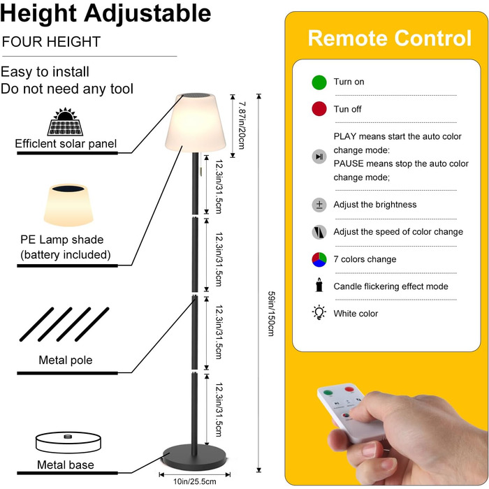 Сонячна LED стійка лампа для вулиці з акумулятором, димуванням, теплим білим та RGB світлом, з датчиком світла, водонепроникна для тераси