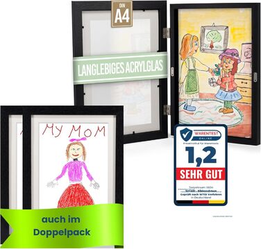 Рамки для дитячих малюнків KIYARI A4, 2 шт. (білі) + 2 шт. (чорні). Набір для зберігання 150 малюнків. Міцне дерево, безпечне скло, ідеально для школи, дитячої кімнати та творчих проєктів.