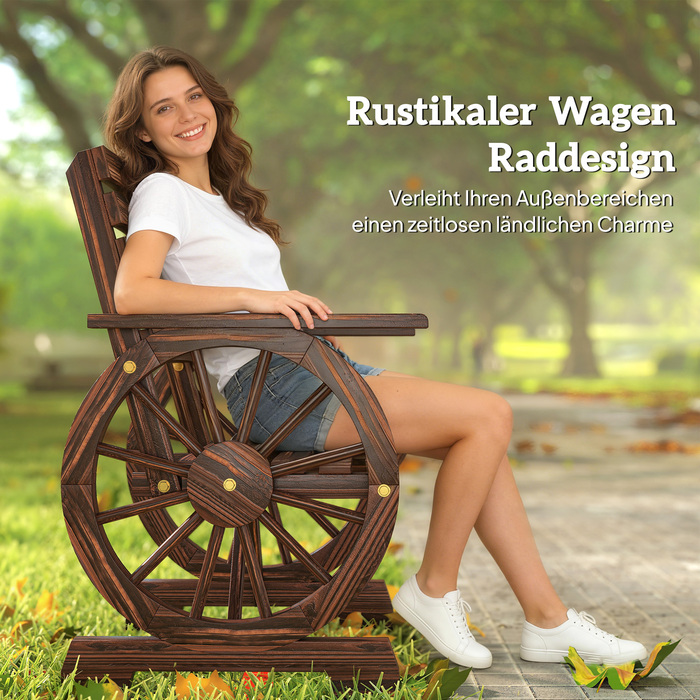 Садовий стілець з дерева, садове крісло з дизайном коліс воза, дерев'яний стілець у сільському стилі, обпалений