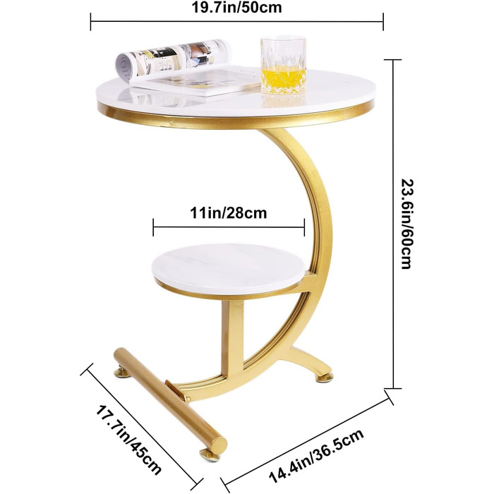 Мармуровий круглий бічний стіл Диван C-подібної форми, 60 см круглий, сучасний стіл для вітальні, металевий стіл на вулиці, золото/білий