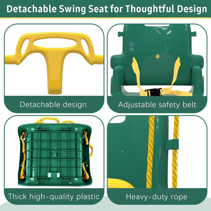 Дитяча гойдалка-шезланг 3-в-1 для дому та саду, металевий каркас, 6 місяців - 10 років (зелена)