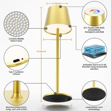 LED-лампа настільна бездротова диммируемая акумуляторна, перезарядна тепле світло 3000K+RGB, водонепроникна (IP54), з алюмінію, для ресторану, спальні, бару, набір 2 шт. (чорний та золотий)