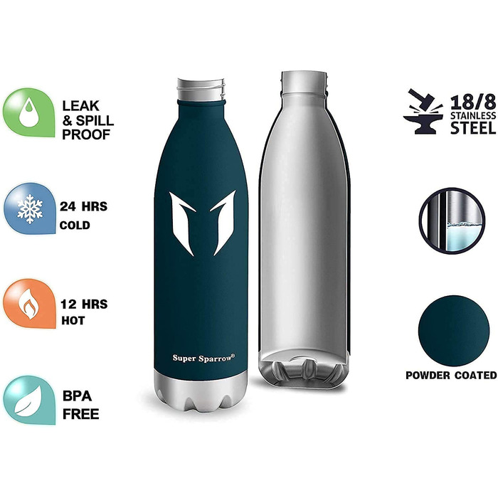 Супер пляшка для пиття Sparrow з нержавіючої сталі-350 мл і 500 мл і 750 мл-герметичний термос-двохстінний вакуумний ізольований термос - спортивні пляшки для пиття / ідеальна пляшка - 2 кришки (500 мл-17 унцій, нефрит)