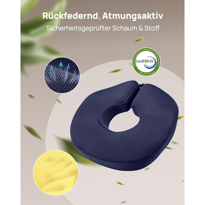 Ортопедична подушка-кільце Feagar: ергономічний сидіння-пончик для копчика, геморой та ішіасу, посилена (90-140 кг), темно-синя