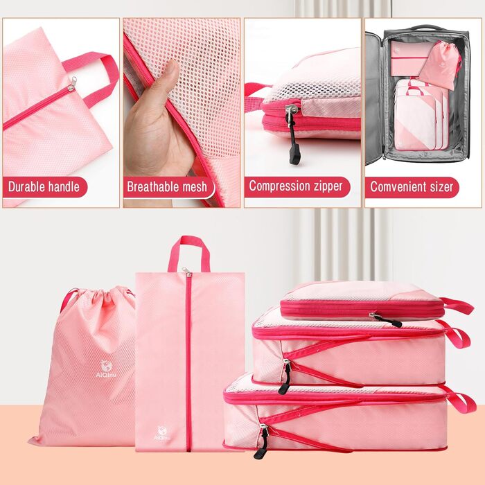 Набір компресійних органайзерів для подорожей AiQInu (5 шт.), ультралегкі сумки для пакування одягу в валізу з мішком для взуття та прання, рожеві