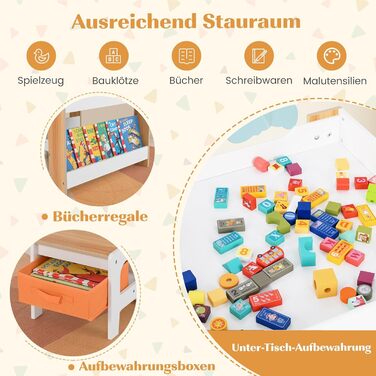 Дерев'яний дитячий стіл 4 в 1 DREAMADE з 2 стільцями, дошками та полицями, комплект меблів для дітей