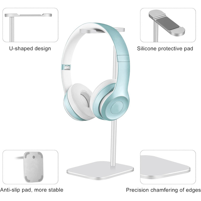 Підставка для навушників з алюмінію, тримач для гарнітури з міцною металевою основою для столу, сумісна з більшістю навушників (Рожеве золото) (Срібло)