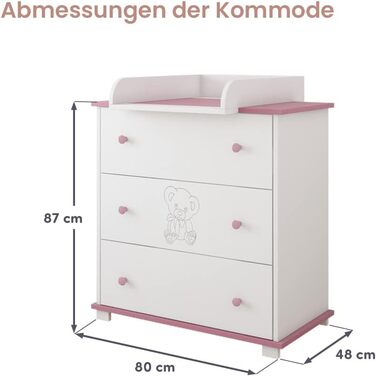 Комод з пеленальним столиком Kiki Design | 80x46 см | 3 висувні ящики | Для дитячої кімнати | Гравірований ведмедик | Рожевий