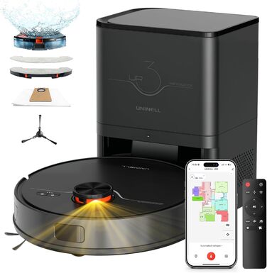 Робот-пилосос з функцією миття 5000Pa, потужний робот-пилосос з базою для самостійного очищення 3.5L, час роботи до 180 хвилин, навігація LiDAR, для збору шерсті тварин та прибирання килимів, керування через додаток, чорний