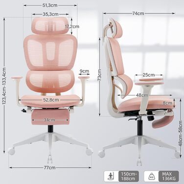Ергономічне крісло для офісу з підніжкою, висока спинка, 2D-підголівник, відкидні підлокітники, сидіння з губки, сітчастий крісло для офісу, крісло для начальника, комп'ютерне крісло для дорослих (рожеве)
