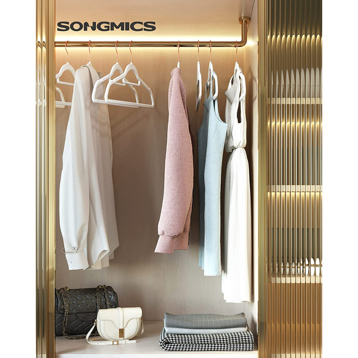 Оксамитові Вішалки SONGMIC, комплект з 30 предметів, Вішалки, нековзні, маленький стрижень для краваток, гачок з рожевого золота, що повертається на 360 , товщиною 0,6 см, компактний, довжиною 43,5 см, для пальто, брюк, CRF21BK30 (білий)