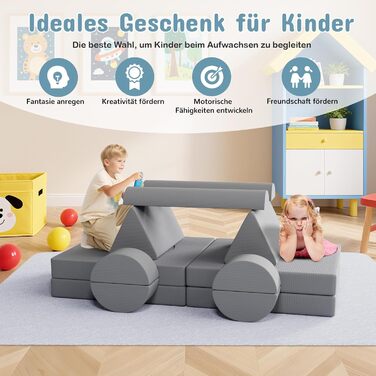 Дитяче ігрове диван-ліжко модульне, 15 частин, сірий, з сертифікатом Oeko-Tex® 100