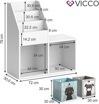 Дитяча полиця Vicco Полиця для іграшок Луїджі Полиця для зберігання книжкової шафи Полиця для коміксів для дітей ((лавка 2 відділення), ) (біла, 72x79 зі складними коробками собака/кіт)