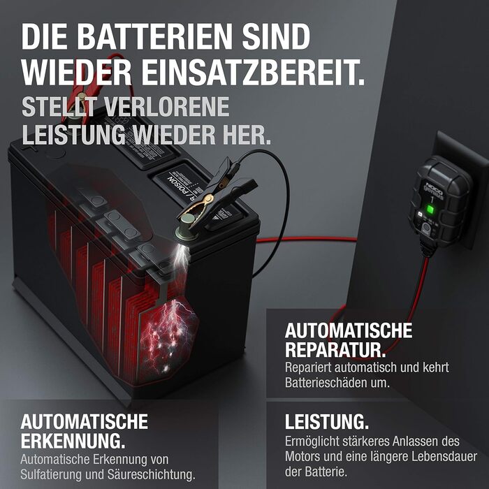 NOCO Genius1: Інтелектуальне зарядне пристрій для акумуляторів 1A 6V/12V - Автоматичний зарядний пристрій, десульфатор з захистом від перезаряду та температурною компенсацією – Для свинцево-кислотних та літієвих акумуляторів