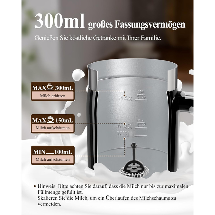 Електричний спінювач молока 5 в 1 з LED-дисплеєм, 350 мл - для капучино, лате, гарячого шоколаду