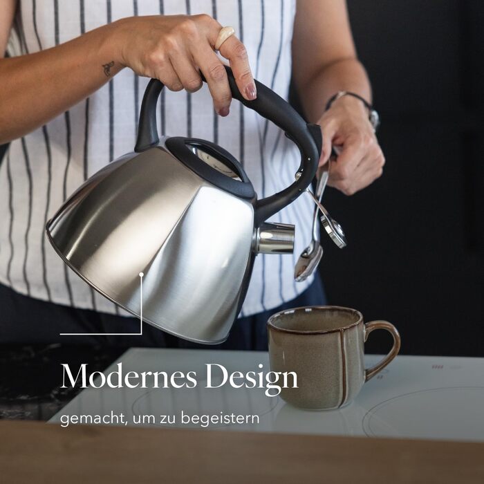 Чайник FLORINA Fenny Satin Induktion 2.5L з флейтою, нержавіюча сталь, Cool-Touch, сучасний дизайн, срібний (Dakota)