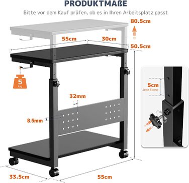 Підставка для ПК з регулюванням висоти PUTORSEN, 2 рівні, з роликами та підкладкою для миші, чорний Full-Tower (до 40 кг/рівень)