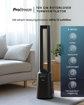 Вентилятор Pro Breeze OmniAir з очищувачем повітря 105 см, 10 швидкостей, HEPA 13, LED дисплей, пульт ДУ, 5 режимів, тиха робота, чорний