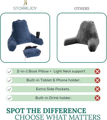 Storrejoy Велике крісло-лежак для читання з підголовником, кишенями та тримачем для книги/планшета (антрацит, блакитний)