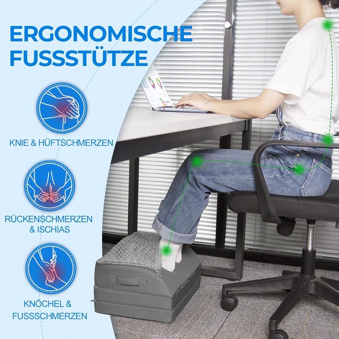 Підставка для ніг під стіл KingPavonini з гелевою пам'яттю, 3 положення, гріюча сумка для ніг, ергономічна підставка для офісного та ігрового крісла, сірий колір