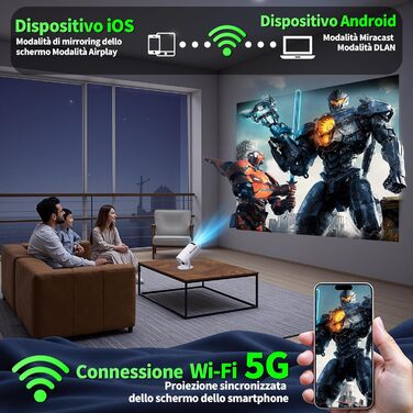 Beamer 4K: Міні проєктор Full HD 1080P з Wi-Fi 6, Bluetooth 5.2 та Android. Підтримка PC/HDMI/USB, авто-корекція Keystone, поворот 270°, з пультом та мишкою, білий.