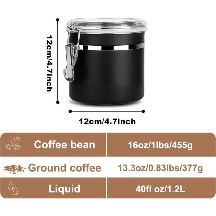Контейнер для кави та продуктів, 2 шт., 1.2 л, нержавіюча сталь, чорний. BPA-free