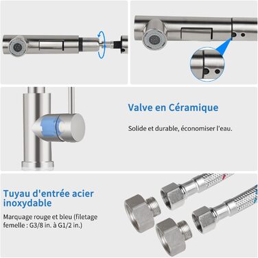 Змішувач для кухні KOLLNIUN, змішувач Кухонний висувний шланг, змішувач з однією ручкою Змішувач для кухні, змішувач для раковини з подвійним регулюванням температури Матова нержавіюча сталь з 2-режимним душем, поворот на 360 (матова нержавіюча сталь)