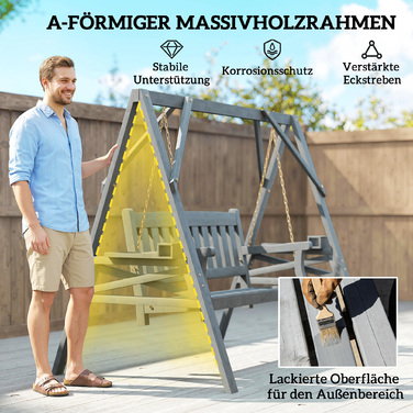 Двомісна садова гойдалка, дерев'яна лавка-гойдалка з полицями, тримачами для напоїв та металевими ланцюгами, сірого кольору