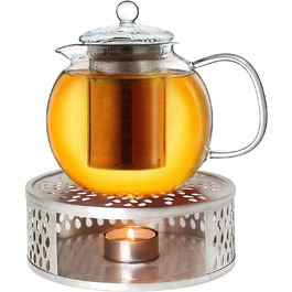 Скляний чайник Creano 1.3 л 3-компонентний скляний чайник із вбудованим ситечком з нержавіючої сталі та скляною кришкою, ідеально підходить для приготування листового чаю, без крапель, все в одному (нагрівач 0,85 л)
