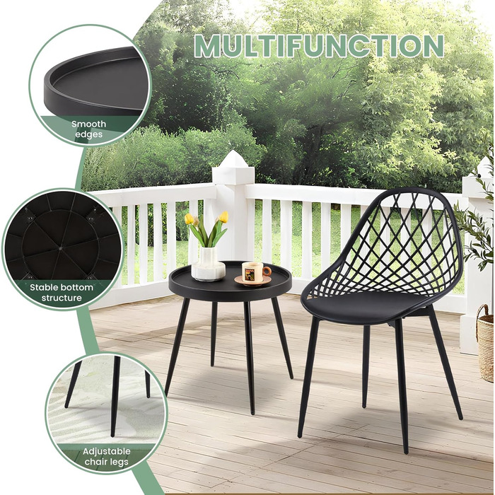 Набір меблів для балкона на 2 особи: стіл та 2 стільці, чорний колір. Регульовані ніжки, підходить для балкона, тераси та саду