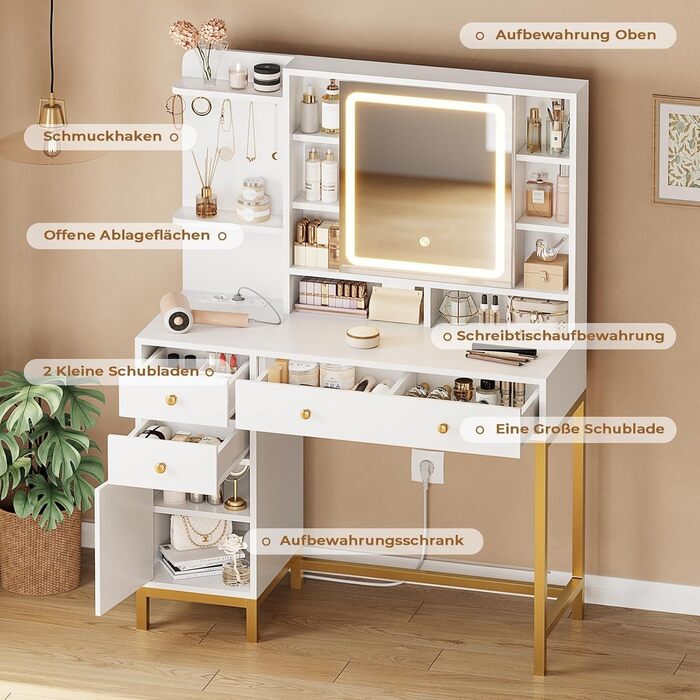 Трюмо AOGLLATI з розеткою, LED-підсвічуванням, регульованою яскравістю, шухлядами та полицями. Косметичний столик зі дзеркалом (білий)