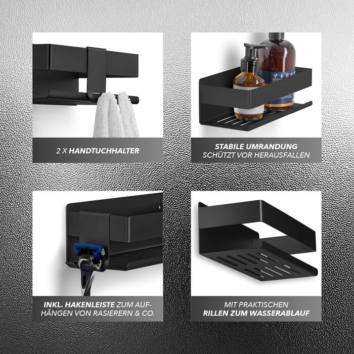 Набір душових поличок BENKSTEIN (2 шт.) | Регульована поличка для душу без свердління | Корзина для душу з кріпленням без свердління | Тримач для гелю для душу та шампуню | Організатор для ванної кімнати, поличка для душу (на клей, чорний)