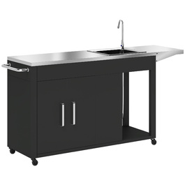 Сервісний візок для гриля з робочою поверхнею, бічним столиком, шафкою, мийкою та колесами, нержавіюча сталь 162,5x47x87 см, чорний