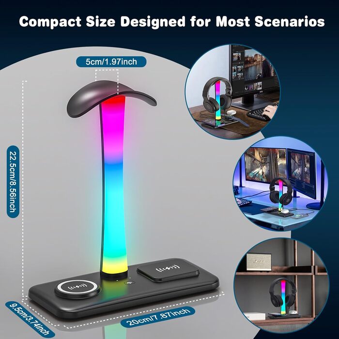 Підставка для навушників Jubor 3 в 1 RGB з бездротовим зарядним пристроєм 15W та 9 режимами підсвічування