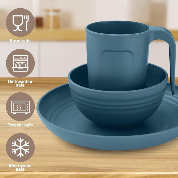 Набір посуду Odoland на 4 особи, 17 предметів: тарілки, миски, чашки (блакитний)