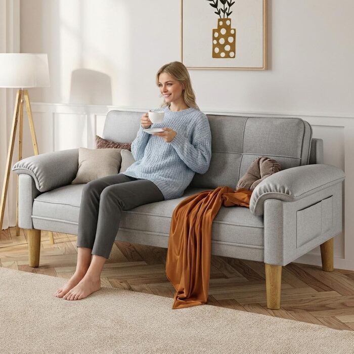 Диван Xbro 2-місний, компактний диван з підлокітниками та кишенею, сучасний диван з тканини для вітальні, квартири, офісу, проста збірка, 144 x 77 x 77 см, сірий