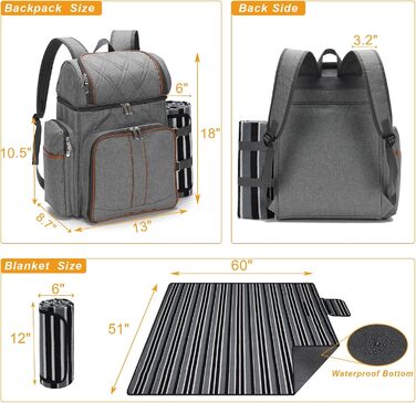 Набір для пікніка на 4 особи: рюкзак, корзина, сумка-холодильник, ковдра, для кемпінгу, парку (сірий)