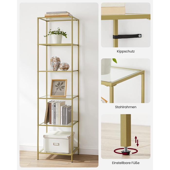 Регал VASAGLE з 5 полицями, скляна вітрина для ванної, вітальні, кухні, офісу, прозора + металік золото, легка збірка, LGT029A01