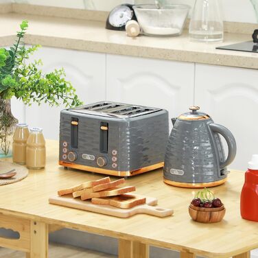 Набір для сніданку HOMCOM: чайник 1.7л, тостер на 4 тости, 2200W, 7 рівнів підсмажування, функція розморожування та підігріву, зйомний піддон для крихт, сірий