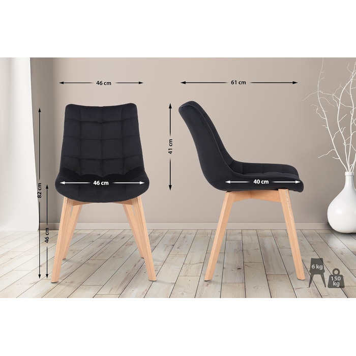 Набір з 2-х обідніх стільців Passaic з велюру, ергономічно м'яко оббиті та з прострочкою, з захистом для підлоги, витримують до 150 кг, колір: чорний