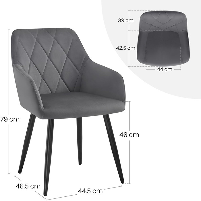 Набір обідніх стільців WOLTU з підлокітниками та спинкою, для кухні, вітальні, їдальні, м'який оксамитовий чохол, металеві ніжки, темно-сірий, 8 шт.