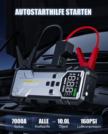 Powerbank Starthilfe 7000A з компресором та LED-ліхтариком: 160PSI, 12V для бензинових та дизельних авто (10L)