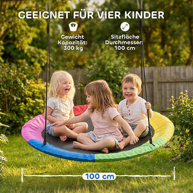 Дитяча гойдалка-качель з регульованою висотою, вантажопідйомністю до 300 кг та регульованими мотузками, розміром 100 x 100 x 180 см, у різних кольорах.