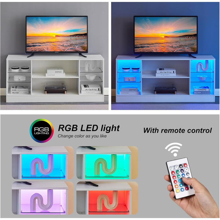 Тумба під телевізор CLIPOP Hochglanz Weiß з LED-підсвіткою, 130x34x57 см - ТВ тумба з скляною полицею для вітальні