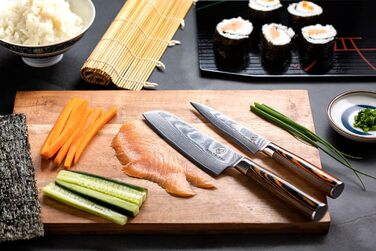 Набір кухонних ножів Дамаск Wolfblood (2 шт.) 24 см, з сертифікацією TÜV, сталь Дамаск 67 шарів, з дерев'яною ручкою, подарункова коробка, захист леза