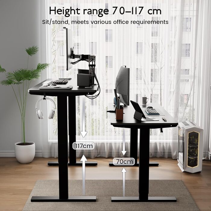 Регульований стіл 60x110 см, електричний з пам'яттю та захистом від зіткнень, висота 70–117 см, для офісу, дому та геймінгу (білий). Також доступний розмір 140x60 см (чорний)