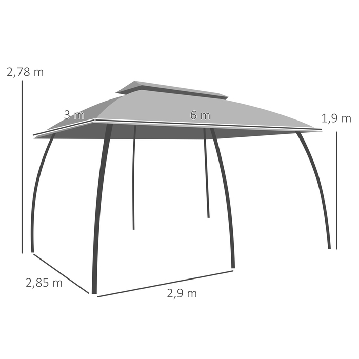 Намет для вечірок Outsunny Garden Pavilion 3 x 6 м з подвійним дахом і бічними стінками, сітки від мух до 15 осіб, оцинкований метал, темно-сірий