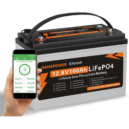 Акумулятор Hahapower 12.8V 100Ah Bluetooth LiFePO4, розумне живлення, захист від холоду, 15000 циклів, 150A BMS, для автофургонів, сонячна батарея