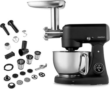 Кухонна машина MEDION MD12600: м'ясоподрібнювач, 4.6л чаша з нержавіючої сталі, тихий DC-двигун, 800 Вт, набір дисків для тертя, шинкування та нарізання, сенсорний дисплей, міксер, тістоміс